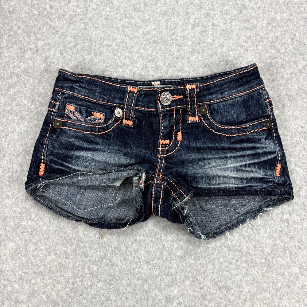 Big Star Jean Shorts Womens 23 Blue Whisker Super Low Rise Raw Hem Thick Stitch
